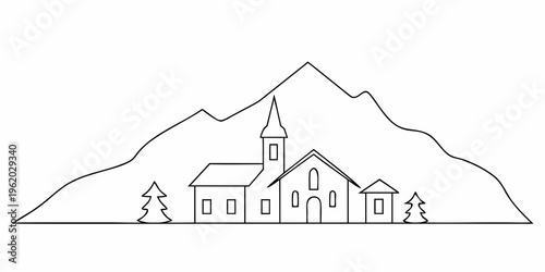 Simple line drawing of a church nestled among mountainous terrain