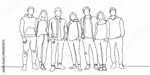 Continuous line drawing of a group of young people standing together