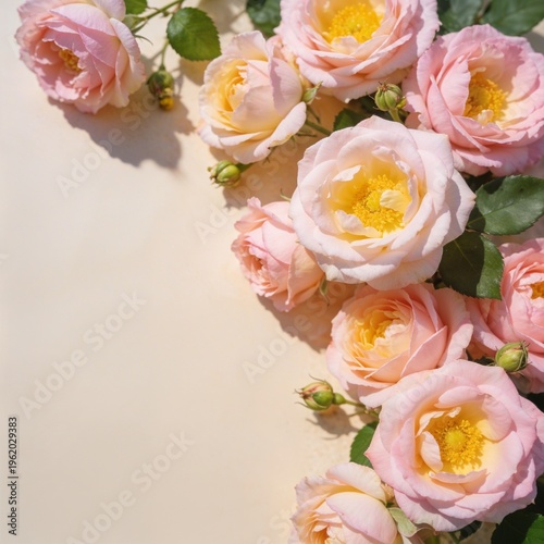 Vertical arrangement of pastel French roses with green leaves against soft beige background with copy space