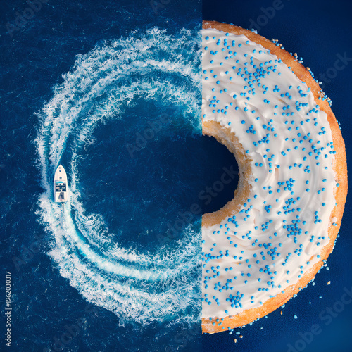 Surreal donut and ocean concept with speedboat wake forming perfect circle, creative minimal food travel idea