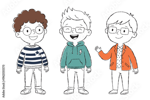 Isolated cartoon geek trio set. A student kid in star sweater smiles. Teal hoodie friend waves blazer.