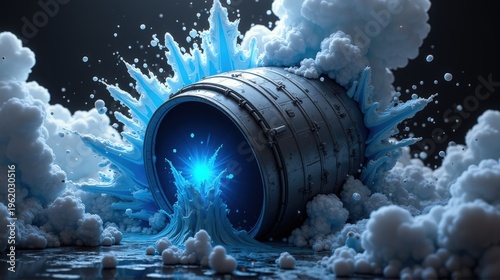 An artistic representation of a metallic barrel spilling vibrant blue water, surrounded by dramatic splashes and clouds.