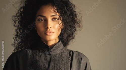 Young woman looking into camera, showing natural beauty and a serious expression
