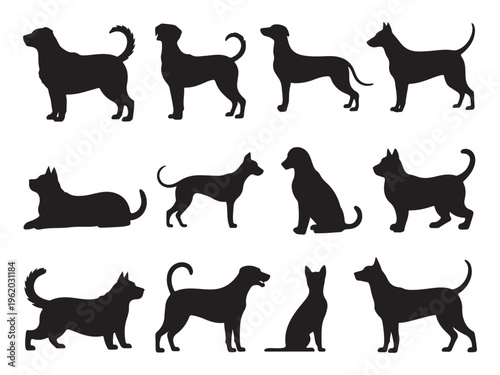 Collection of dog and cat silhouettes in various poses and shapes