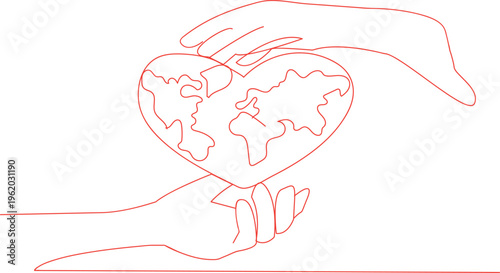 continuous line drawing representing themes of environmental protection, love for the planet, or humanitarian care. 
