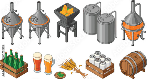 Beer brewing process equipment with fermentation tanks, barley and bottles, industrial brewery illustration for craft beer production, beverage manufacturing and alcohol processing