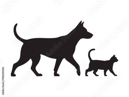 Dog and cat walking together silhouette outline shadow