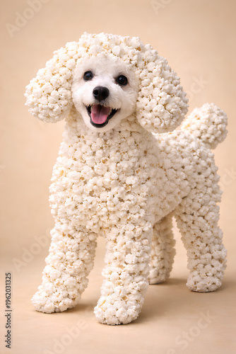Funny white poodle made of popcorn – surreal dog portrait with popcorn fur on beige background