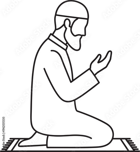 Muslim Elderly Man Praying Dua Line Art - Senior Worshipper Supplication on Prayer Rug Vector Illustration
