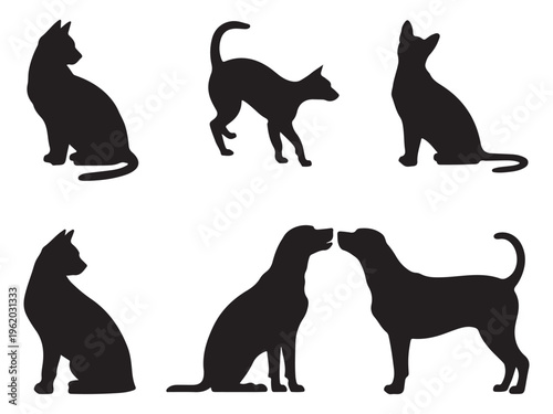 Silhouettes of cats and dogs in various poses and interactions