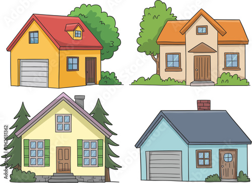 Cartoon houses vector set, colorful residential homes with trees suburban architecture illustration collection