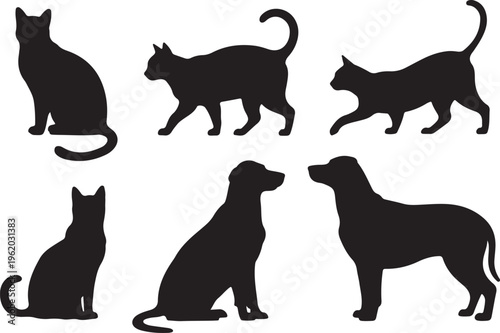 Silhouette of cats and dogs in various poses on white background