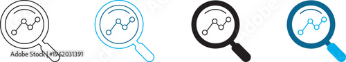 Analytics icon, magnifying glass over chart, data analysis business insights performance metrics dashboard monitoring research visualization concept