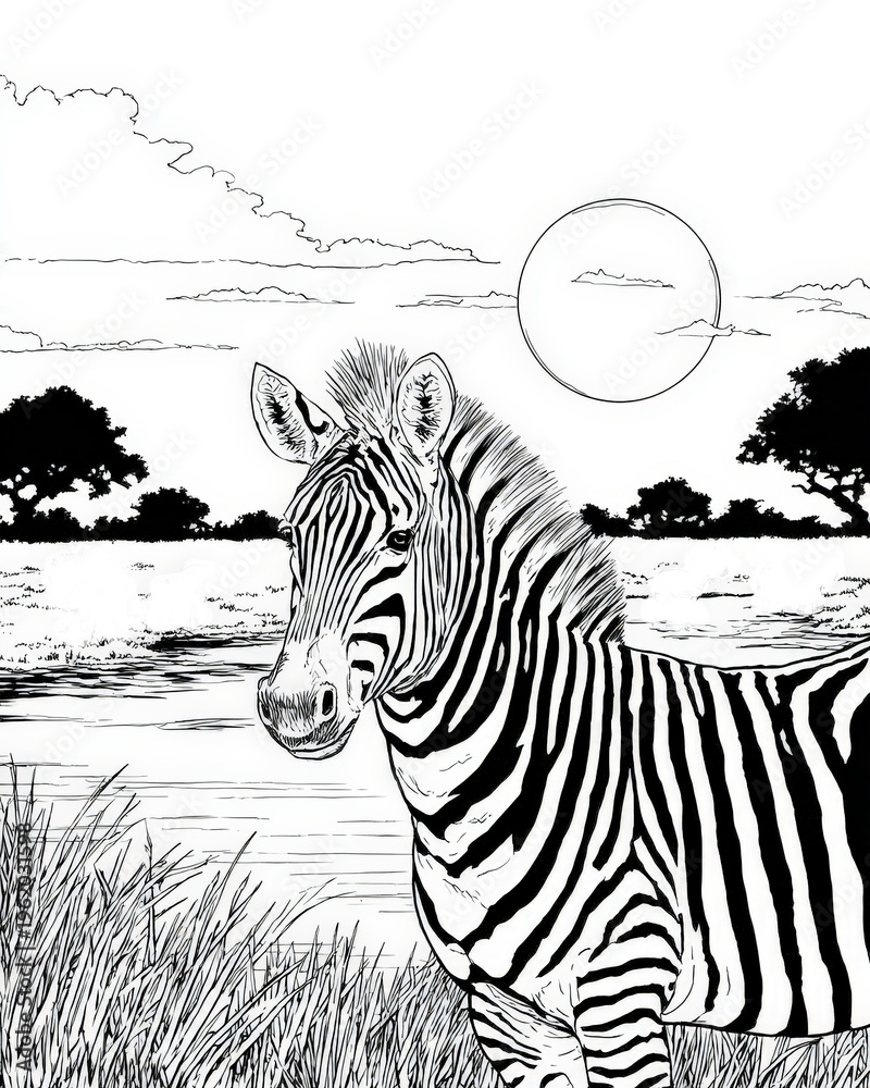 Obraz premium Zebra coloring page for kids and adults with african savanna landscape background, hand drawn black and white line art of wild animal with stripes, sun and acacia trees for nature education books