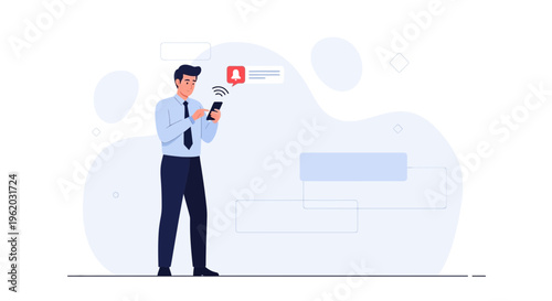 Man using smartphone receiving notification alert, business concept, modern flat illustration