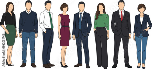 Professional diverse group of business people standing in a row wearing various office attire from business formal suits to smart casual clothes on white background