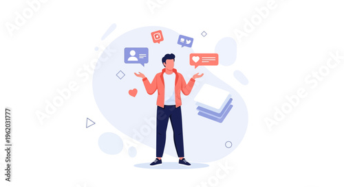 Man Juggling Social Media Icons and Notifications, Digital Marketing Concept