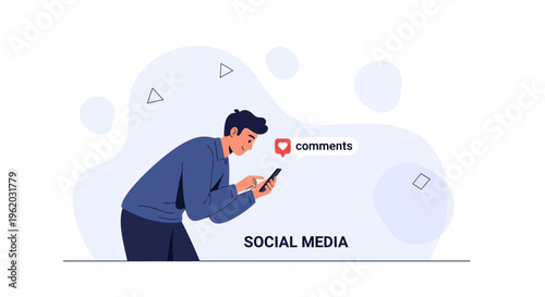 Man using smartphone for social media, receiving comments and likes