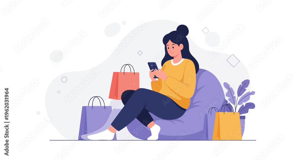 Obraz premium Woman Shopping Online Using Smartphone While Relaxing With Shopping Bags