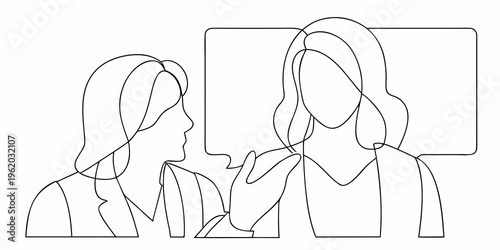 Two women engaged in conversation depicted as a minimalist line drawing