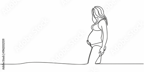 Elegant one line drawing of a pregnant woman cradling her belly
