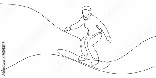 Continuous line drawing of a person snowboarding down a snowy slope
