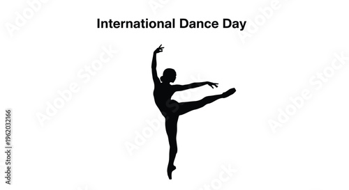 Black silhouette vector illustration of a graceful ballerina in a classic dance pose for International Dance Day graphic.