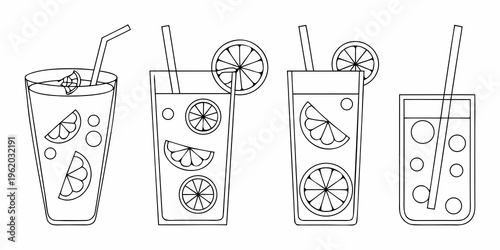 Line art illustration of four refreshing drinks with citrus garnishes