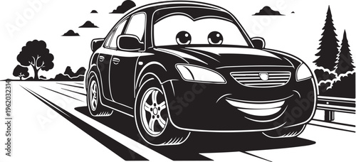 Smiling Car, Cartoon Vehicle, Black Illustration, Road Transport isolated on Transparent Background