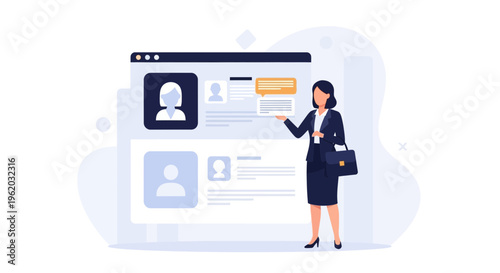 Businesswoman presenting candidate profiles on a digital screen, recruitment concept