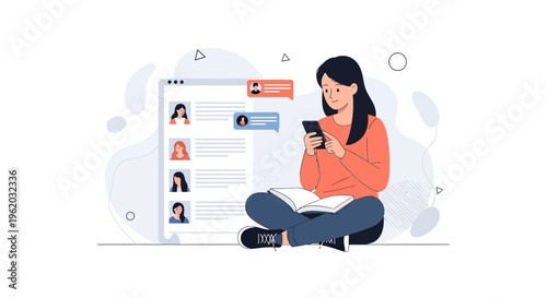 Young Woman Texting on Phone with Book and Social Media Interface