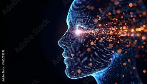 Digital Human Face Made of Data and Light Technology Concept