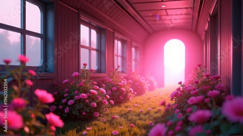 A vibrant corridor adorned with blooming flowers and soft lighting, creating a serene and enchanting atmosphere.