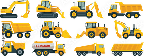 Construction machinery and heavy vehicles vector set, excavators loaders dump trucks, flammable tanker transport, industrial equipment for engineering and building projects
