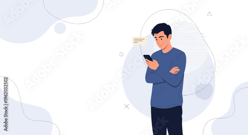 Young Man Texting on Phone with Chat Bubbles, Modern Abstract Background