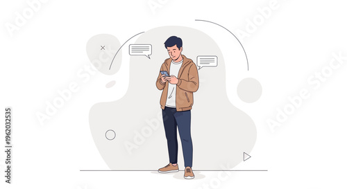 Man texting on smartphone, modern flat illustration, communication concept