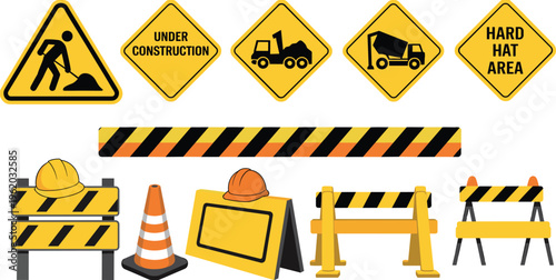 Construction safety signs and barriers vector set, under construction warning symbols, hard hat area, cones barricades equipment illustration