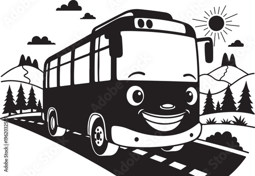 Smiling Bus, Cartoon Vehicle, Road Transport, Happy Tour Bus isolated on Transparent Background