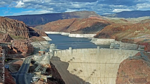 The Hoover Dam in Nevada , USA.. A concrete arch-gravity dam on the Colorado River, Nevada, USA