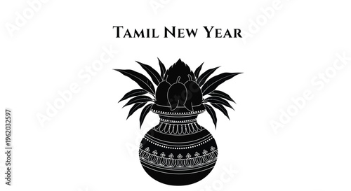 Traditional Purnakumbham vector illustration featuring a decorated pot with mango leaves and mangoes, celebrating the cultural significance of Tamil New Year festival.