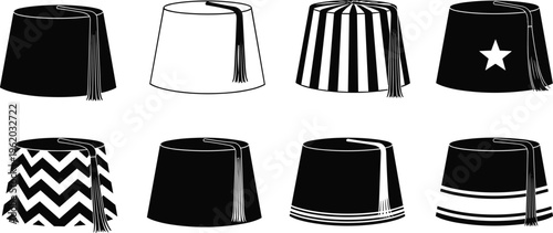 Set of black fez hat silhouettes with tassels isolated on white background for Turkish Ottoman traditional headwear fashion and culture
