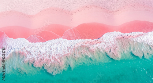 Aerial View of Pink Sand Beach with Turquoise Waves.