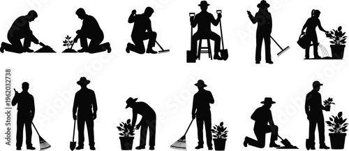 Set of black gardener silhouettes planting flowers digging soil and raking leaves isolated on white background for landscaping and gardening
