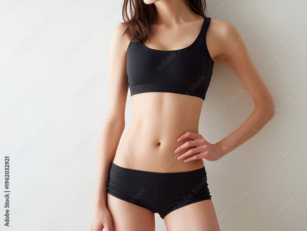 Fototapeta premium 黒いスポーツウェアを着用して理想的なくびれと引き締まったお腹を見せる健康的な女性