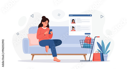 Woman shopping online on phone, sitting on sofa with shopping bags and cart