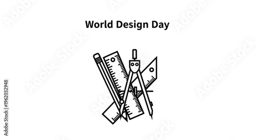 Simple black and white vector graphic illustration celebrating world design day featuring drafting tools and stationery items
