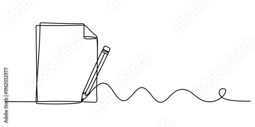 Minimalist one line art illustration of a pencil writing on a piece of paper with a wavy line. Vector, illustration
