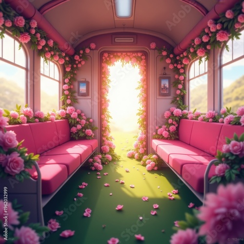 A whimsical train interior adorned with vibrant pink flowers leading to a bright, inviting exit.