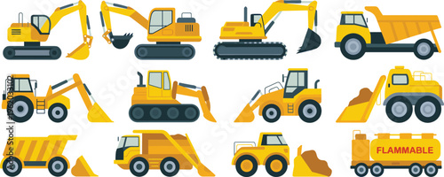 Construction vehicles and heavy machinery vector set, excavators loaders dump trucks, flammable tanker transport, industrial equipment for building engineering projects