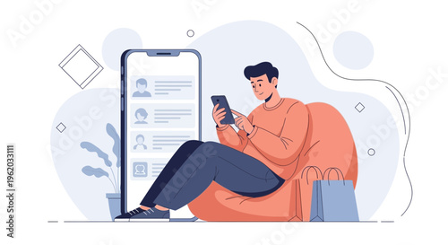 Man browsing smartphone while sitting on beanbag chair, large phone screen with contacts in background